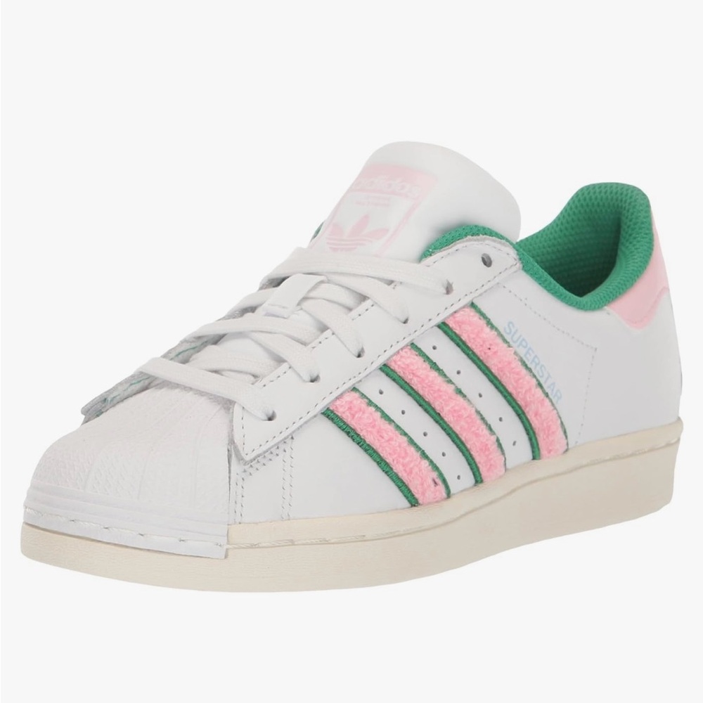 NWT, Adidas Wmns Superstar 'White Pink Green. Chenille' Size 7